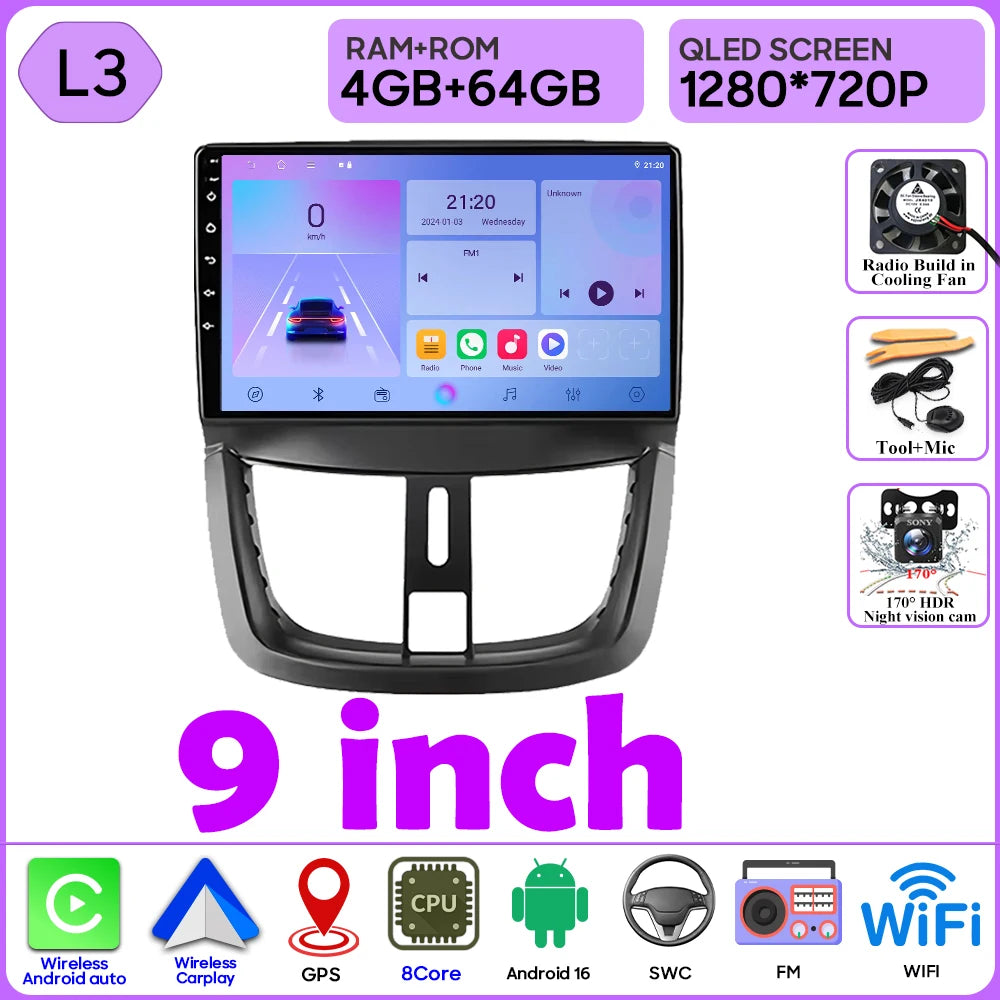 Car Radio Android 16 For Peugeot 207 207CC 2006 - 2015 Carplay Video GPS Navigation Multimedia Player DVD No 2din 4G Wifi BT RDS