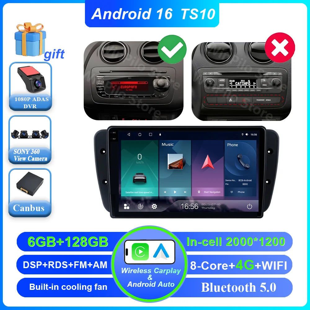 9" Android Car Stereo for Seat Ibiza MK4 6J (2008–2015) — CarPlay, Android Auto, GPS, 4G, WiFi