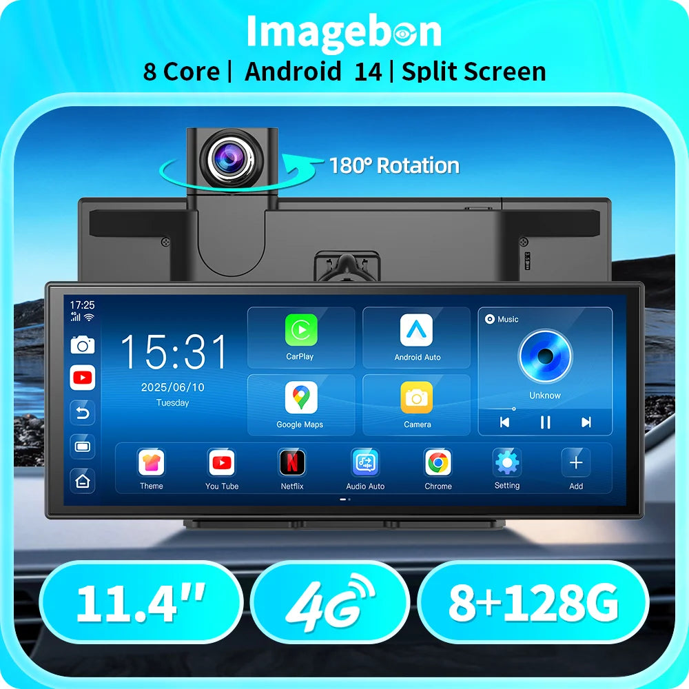 Imagebon M70 11.4" 4G Android 14 Dashcam with Wireless CarPlay & Android Auto