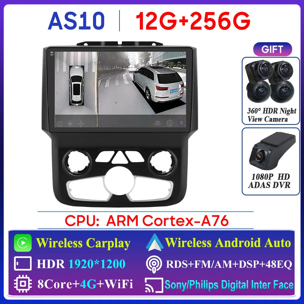 For Dodge Ram 1500 2500 3500 2013-2018 Car Radio Navigation GPS Carplay Stereo Android Auto Multimedia Player DVD Bluetooth 5G