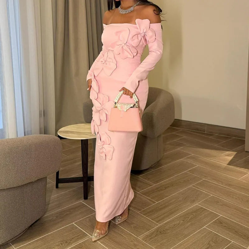 Elegant Off Shoulder Long Sleeve Skinny Dress Fashion Flower Dimensional Pink Wrap Hip Dress Lady Sexy Backless Solid Long Dress