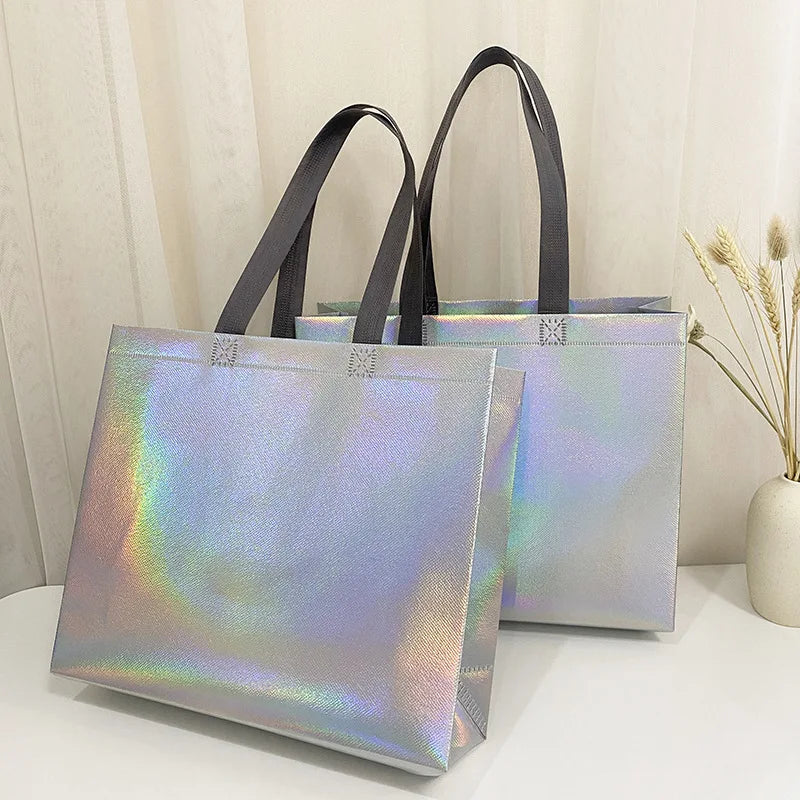 10Pcs Reusable Silver Laser Tote Bag Durable Non Woven Gift Shopping Bag for Wedding Bridesmaid Party Birthday Eco Friendly