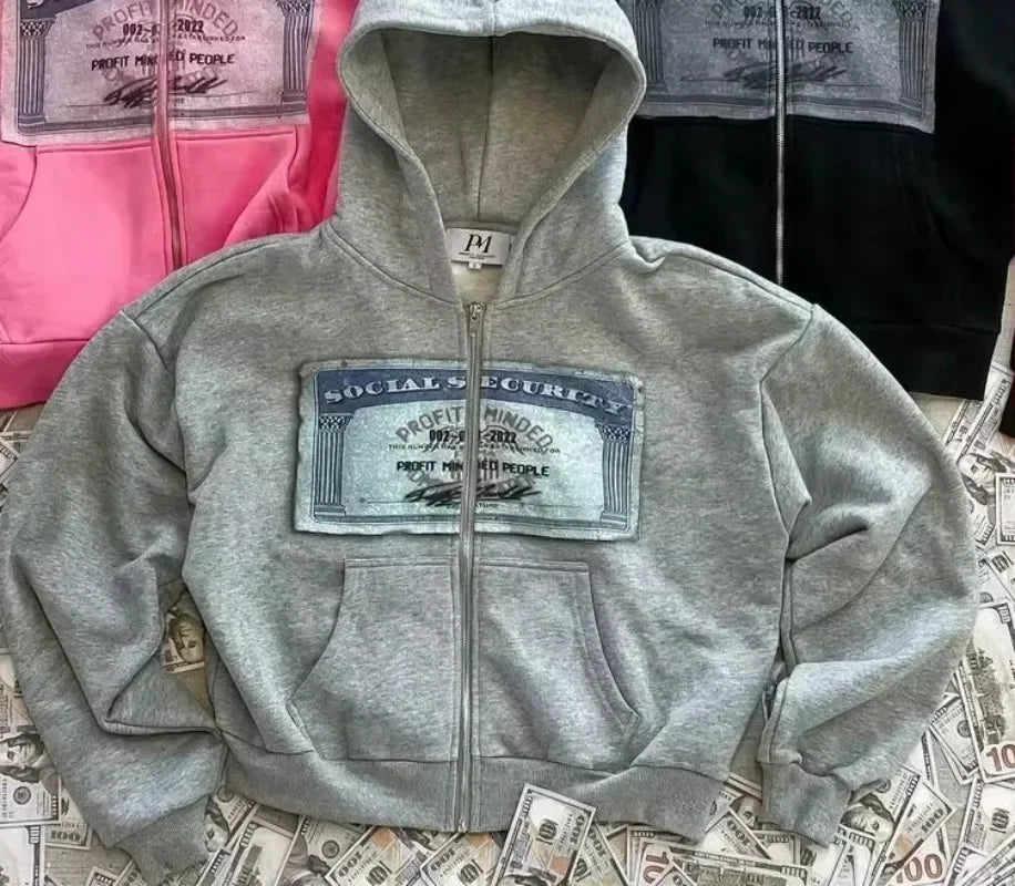 Y2K Printed Zip-Up Hoodie, Unisex Streetwear