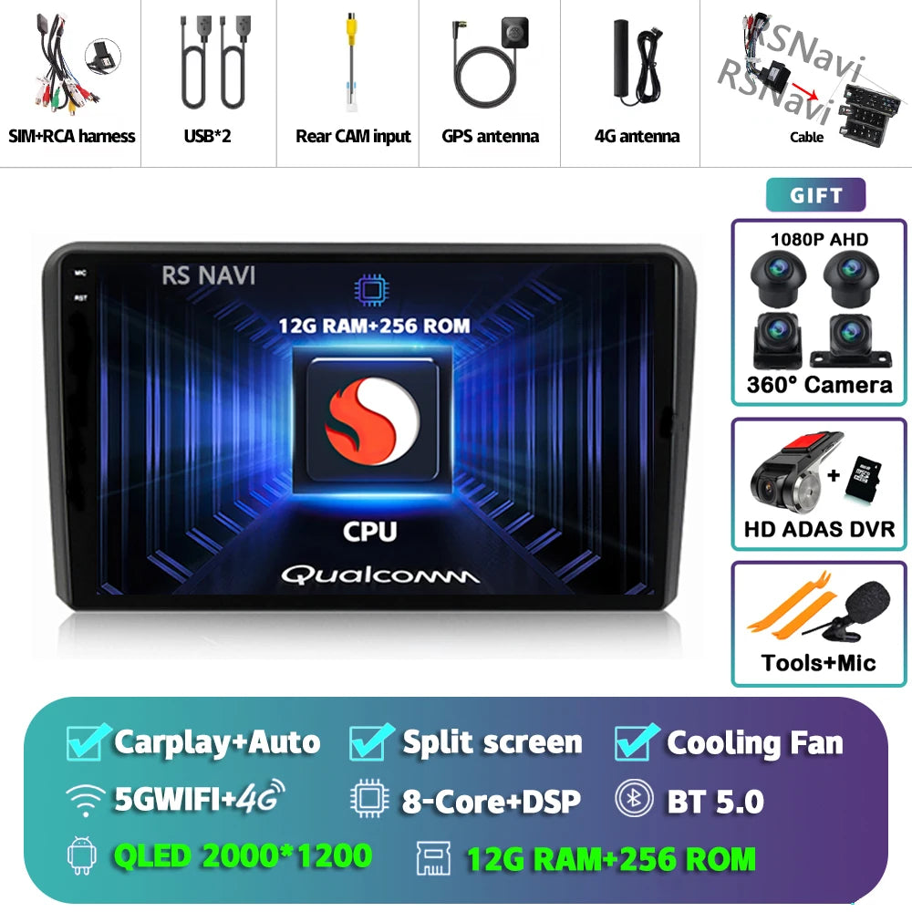 Android 16 Carplay Auto GPS Navigation For Audi A3 8P 2003 - 2013 Radio Multimedia Player 2Din Head Unit Video Stereo Car Radio