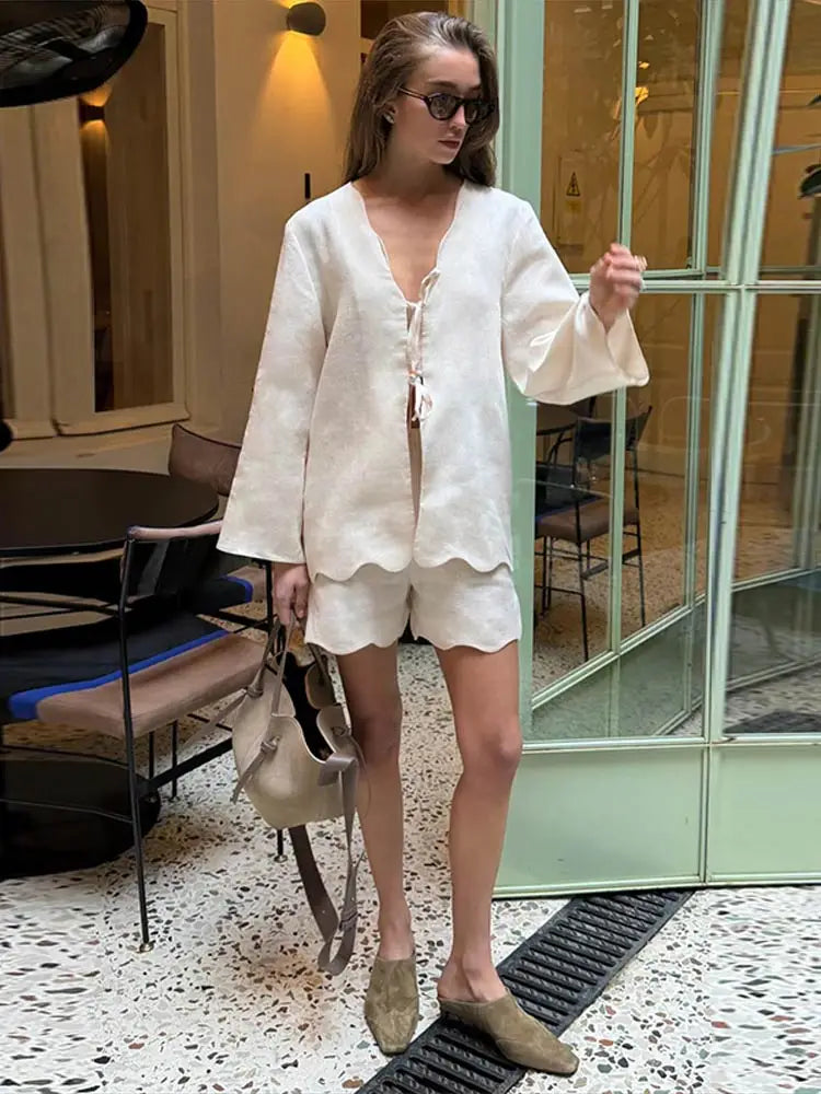 Tie-Front V-Neck Blouse & Wide-Leg Pants Set — 2-Piece