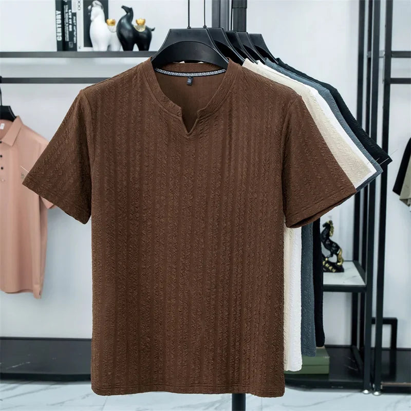 Men's Bubble-Texture Tee - Split Collar, Soft Anti-Wrinkle Stretch