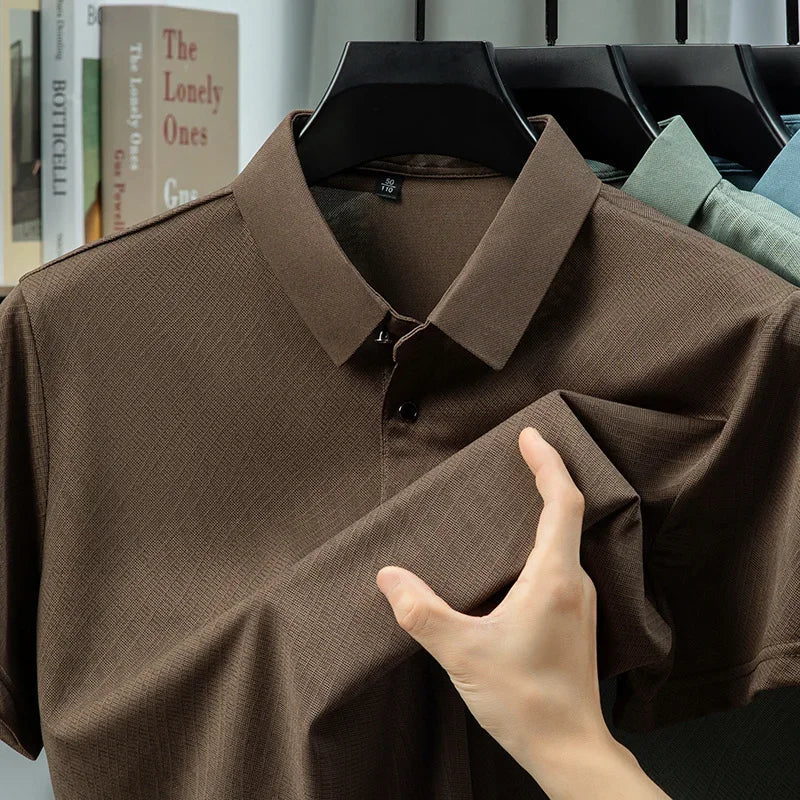 Men's Textured Polo Shirt - Solid Lapel, Breathable Office Casual