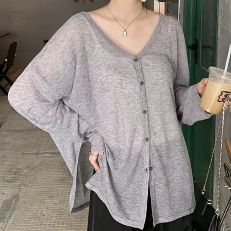 Women's Lightweight V-Neck Cardigan Coat - Loose Knit Jacket