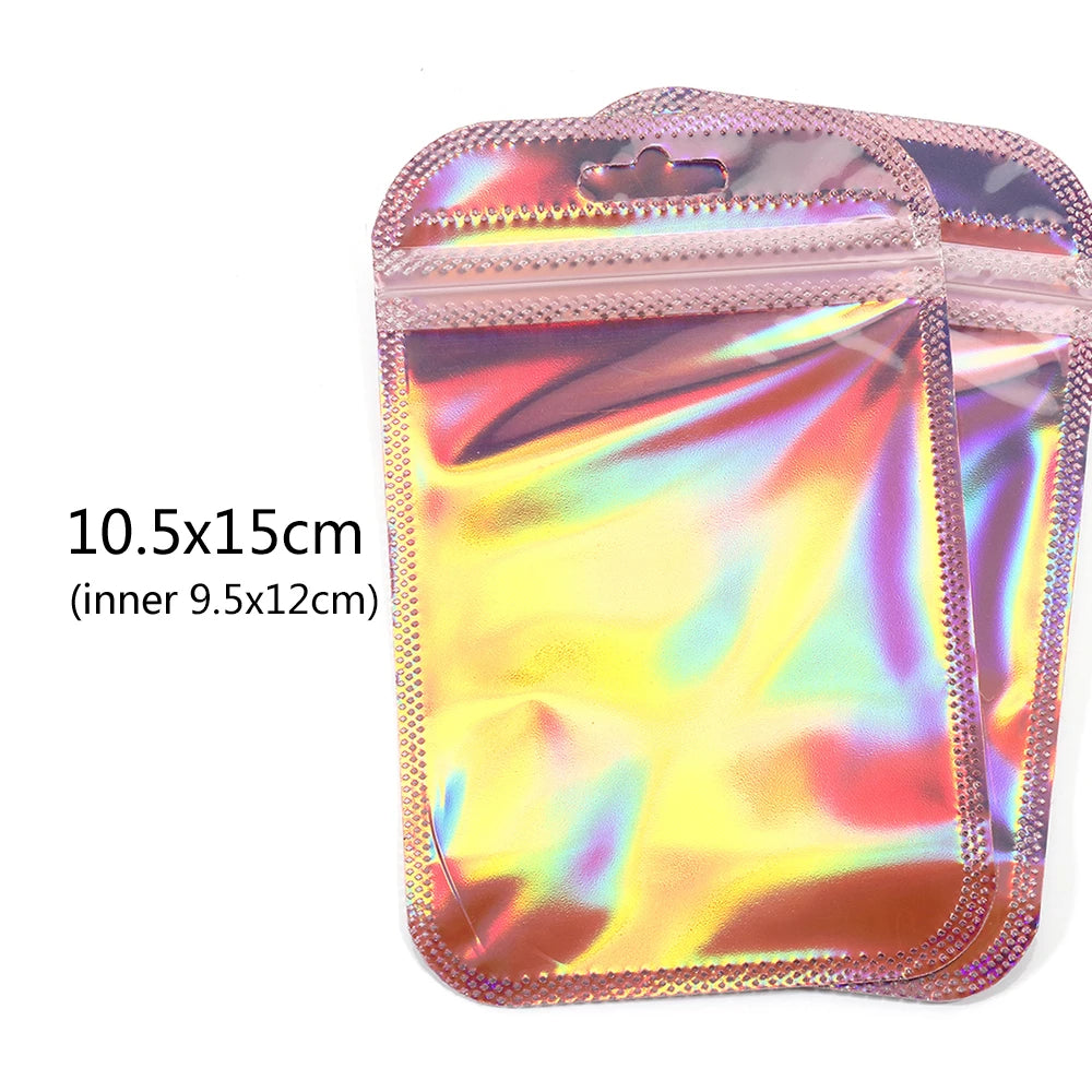 50pcs/lot Pink Laser Ziplock Bags Reusable Plastic Transparent Bags for Jewelry Packaging Cosmetic Retail Display Bags