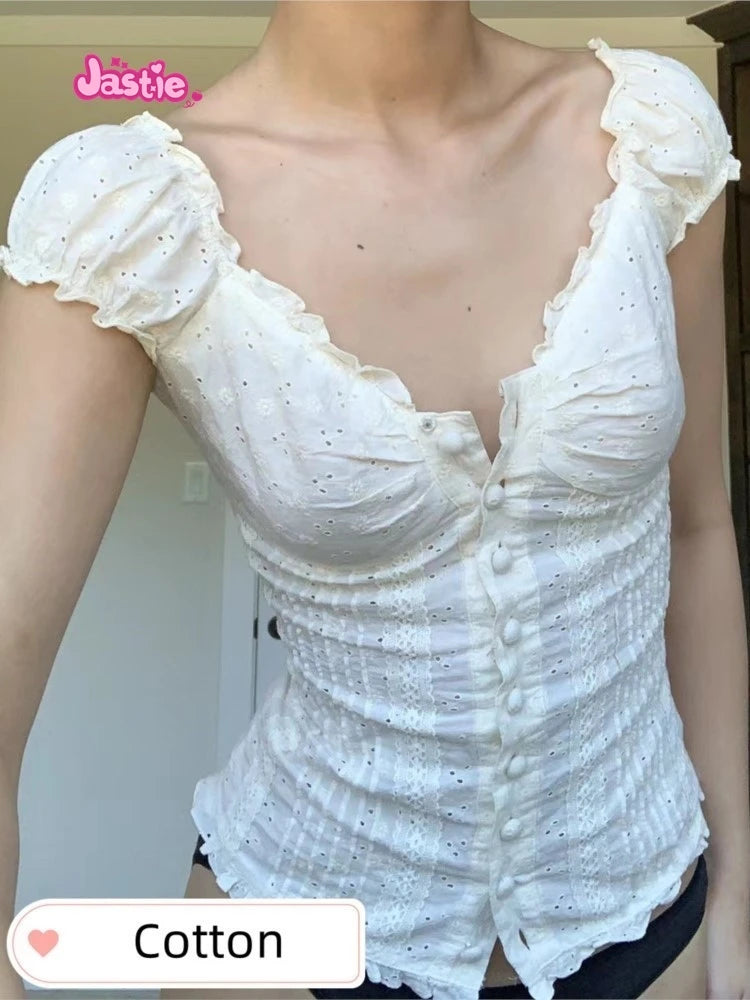 White Lace Tied Square Neck Summer T-shirts Chic Elegant Short Sleeve Tee Cotton Y2K Street Casual Bow Tie-up Top Women