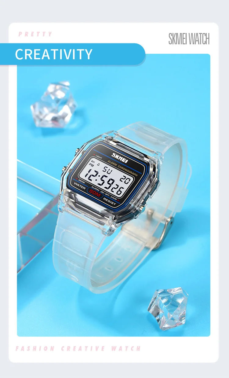 Skmei Women Digital Watches Fashion Transparent Case TPU Strap Led Waterproof Swimming Sports Wristwatch Female Alarm Clock
