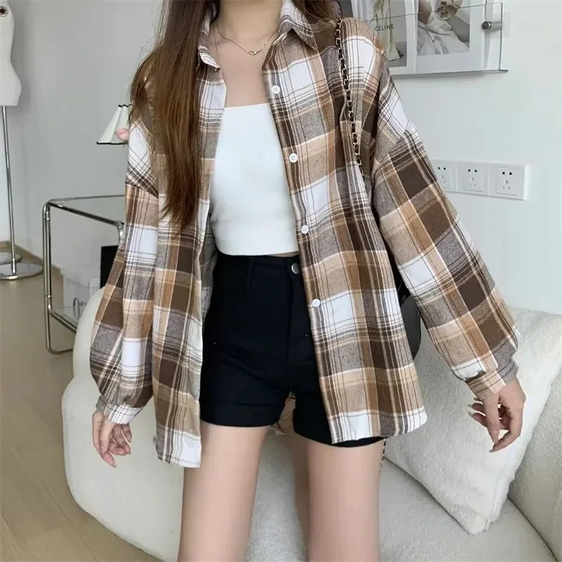 Women's Plaid Button-Up Shirt - Loose Long Sleeve Check Blouse - photo 5