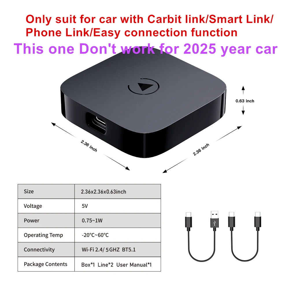 Carbit Link / Smart Link to Wireless CarPlay & Android Auto Adapter — for JAC, Geely, Chery, Jetour X70 X90 X95, BAIC, Changan