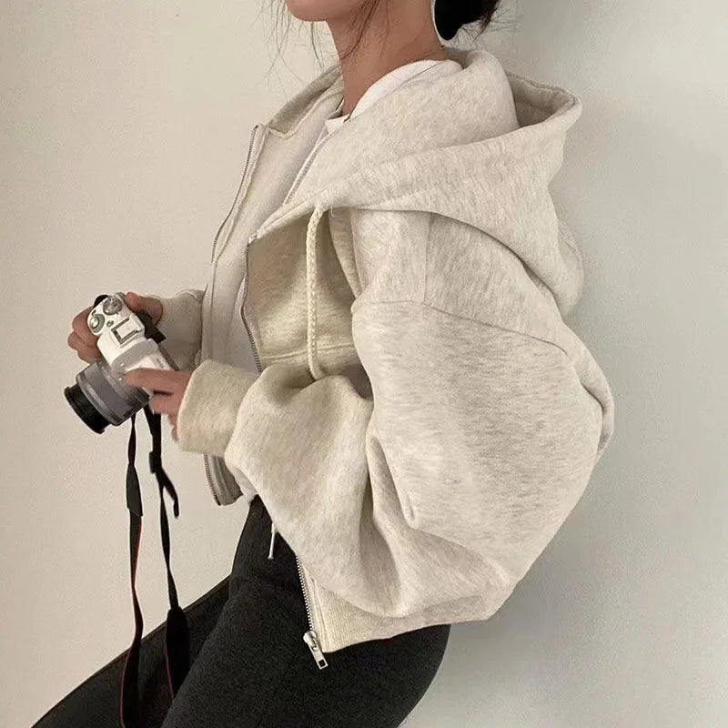 Women's Fleece-Lined Cropped Zip-Up Hoodie
