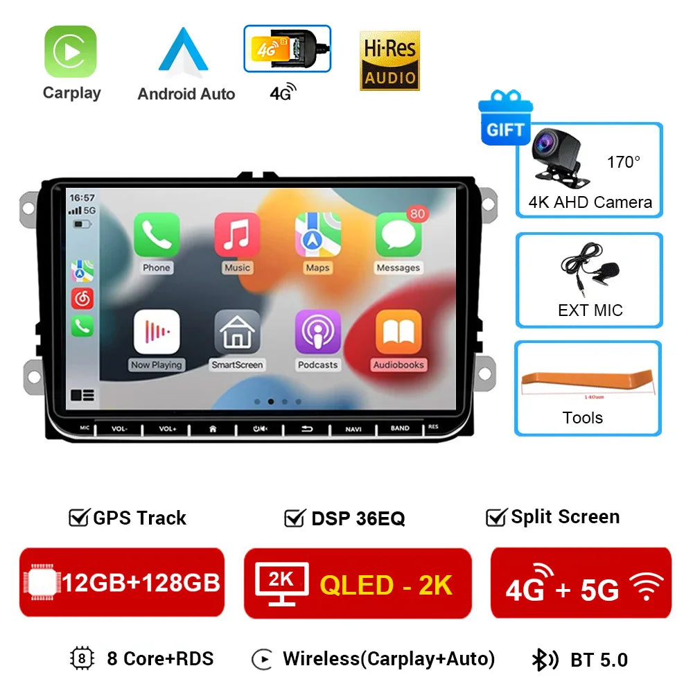 2 Din Android 16 Car Radio 9'' GPS With Carplay For VW/Volkswagen Passat Golf MK5 MK6 Jetta EOS POLO Touran Seat Sharan