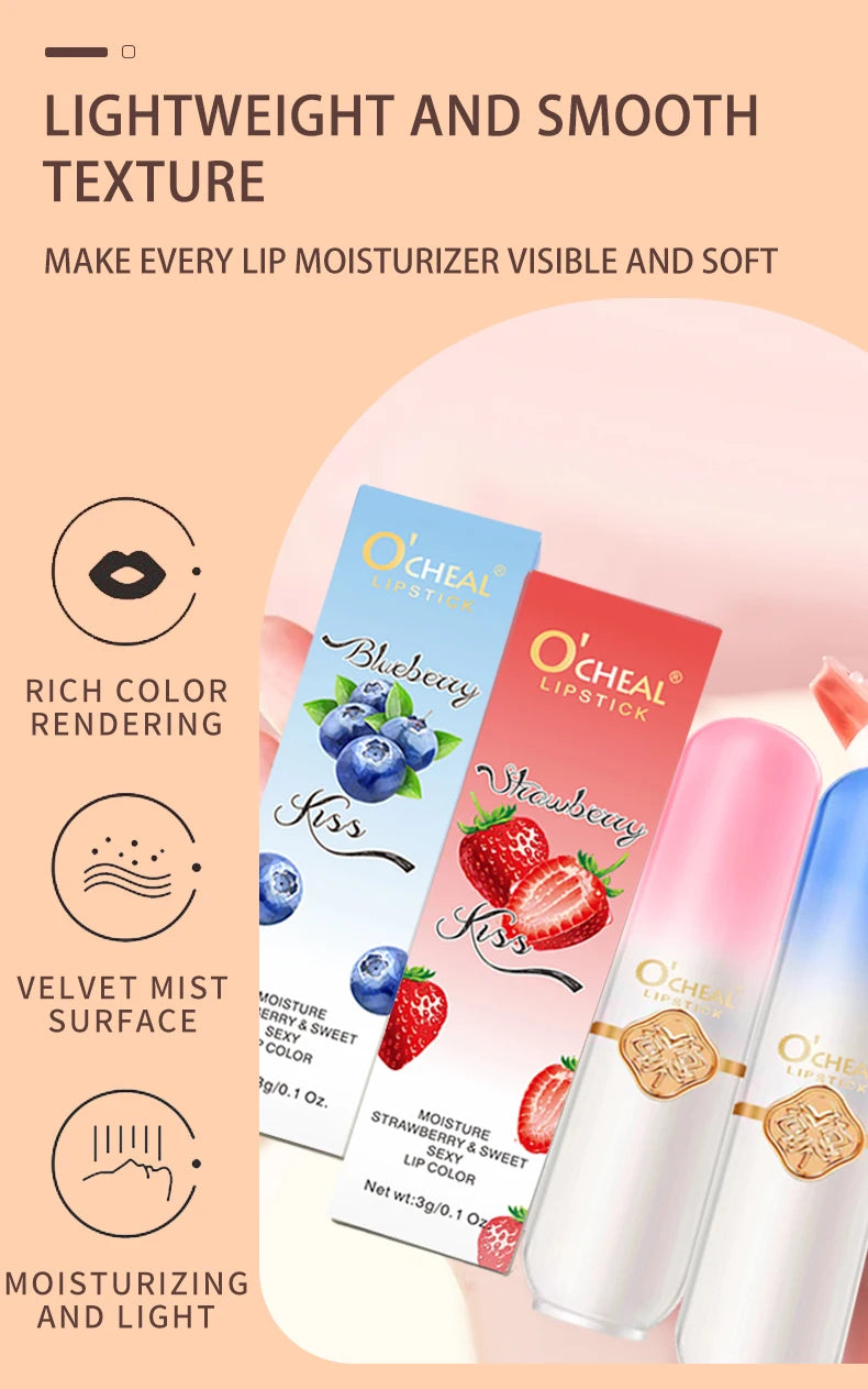 O'CHEAL Color Changing Fruit Lip Balm – Moisturizing Waterproof Temperature Changing Lipstick | Strawberry, Blueberry & Peach