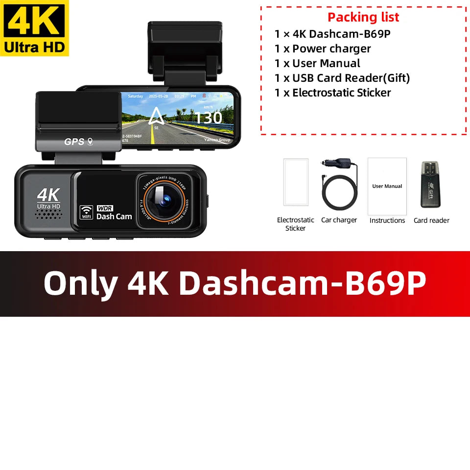 Acceo 4K Dashcam WIFI GPS CAR Video Recorder Dual Lens Support 2.5K Rear Camera Night Vision 24H Parking Monitoring Black Box
