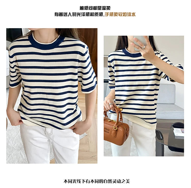 Summer new 100% pure cotton knitted short sleeved casual women's T-shirt round neck loose Tees striped pullover Tops cool