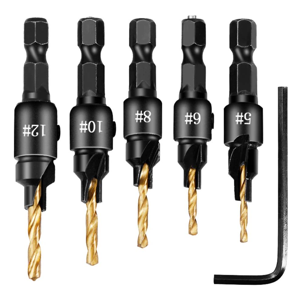 5pcs Countersink Drill Woodworking Drill Bit Set Drilling Pilot Holes for Screw Sizes #5 #6 #8 #10 #12 Cutter Screw Hole Drill