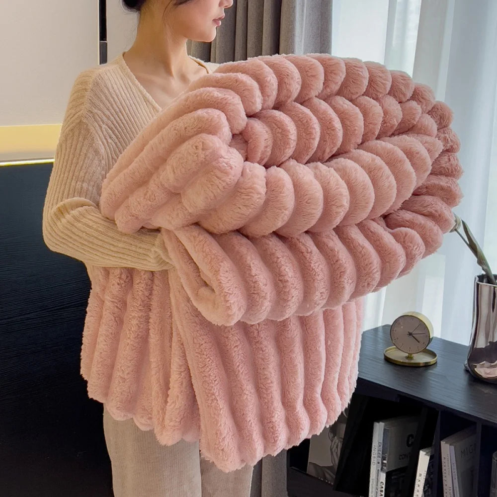 Striped Fluffy Throw Blanket, 250 GSM Soft Bed Blanket