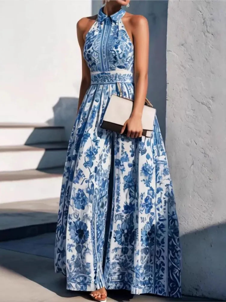 Elegant Women's Retro Flower Print Summer Evening Dress