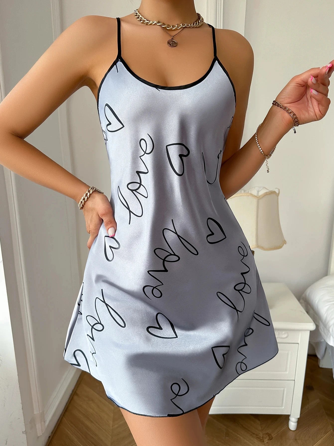 Women's Heart & Letter Print Nightdress – Sexy Sleeveless Satin Slip Sleepwear | S–XL (6 Colors)