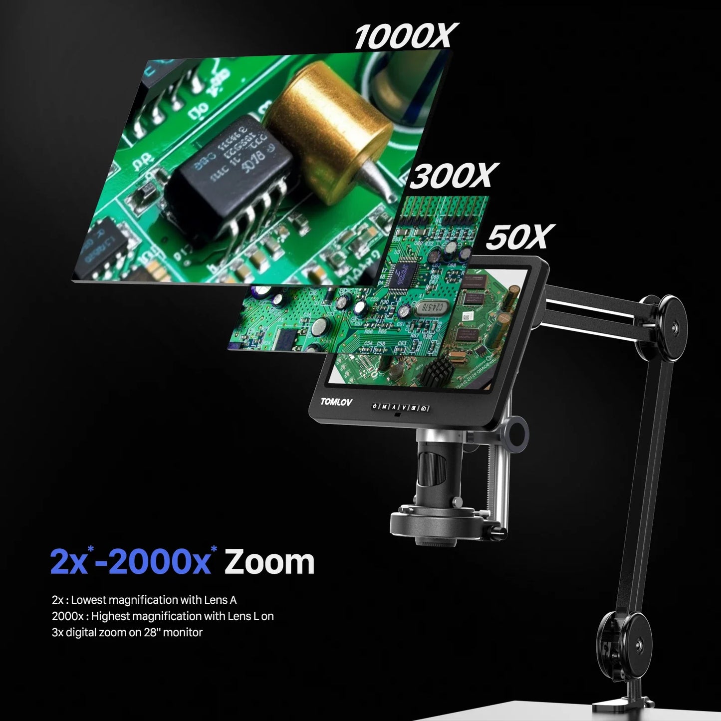 TOMLOV DM602 Digital Soldering Microscope 2000X – 10.1" Screen, 3 Lenses, 144-LED Ring Light | Coin & PCB Repair