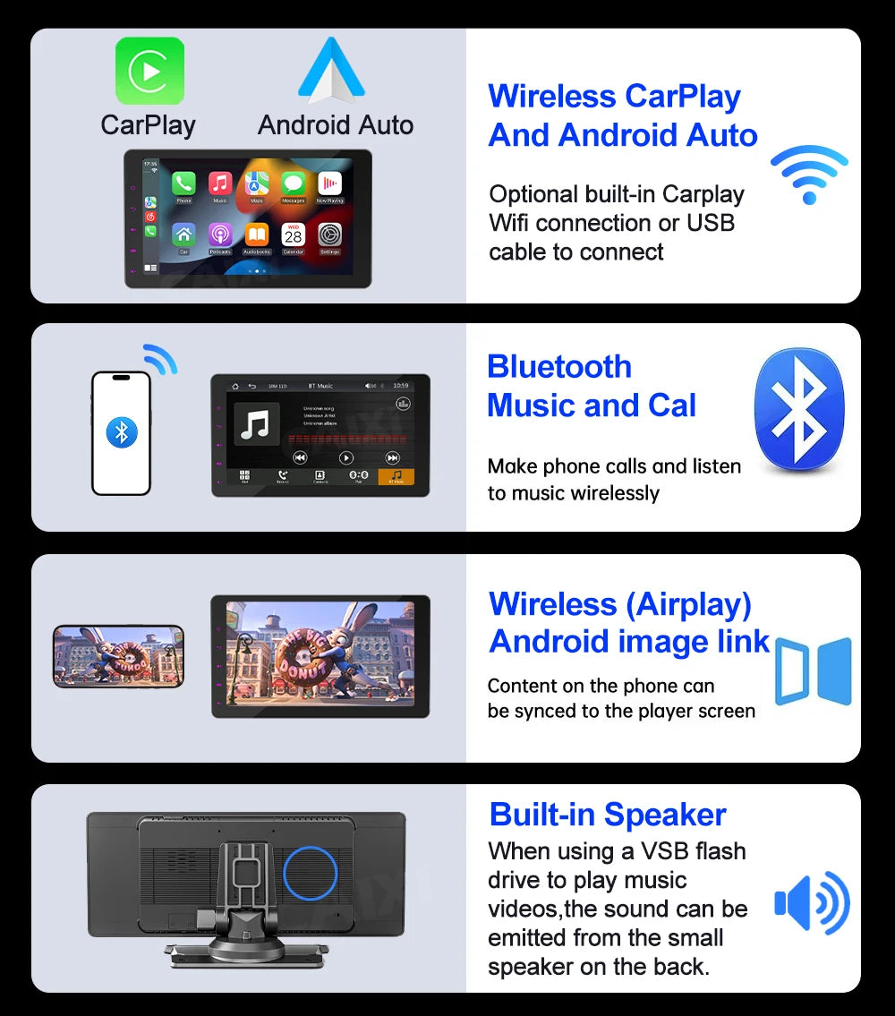 CAIXI Portable Wireless CarPlay & Android Auto Touchscreen — Dash-Mount Car Stereo Display