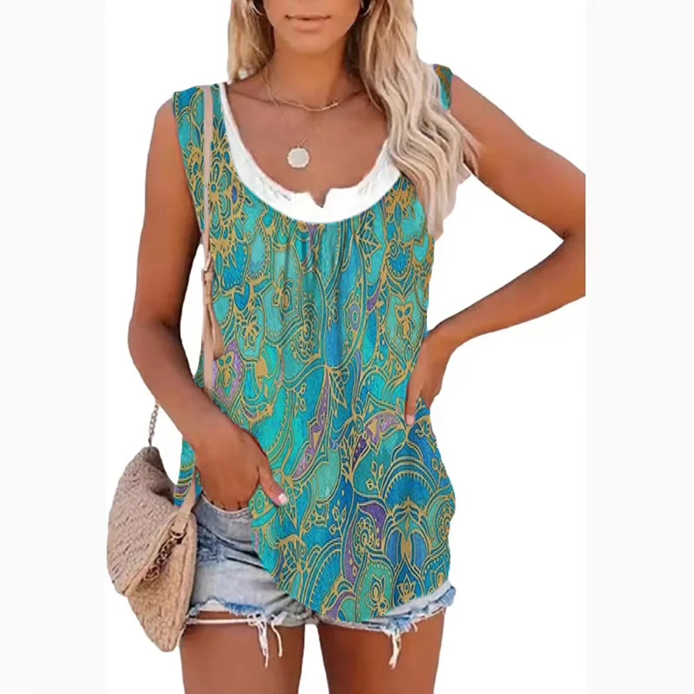 2026 Summer New Arrival Women's Two-Piece Look Sleeveless Tank Top Leaf Print Loose Casual Camisole with Pockets