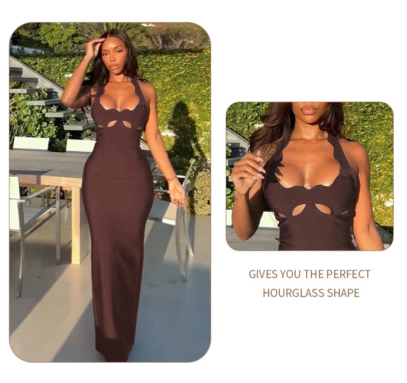 VC Black Halter Elegant Dress For Women 2026 New Summer Evening Party Celebrity Bodycon Long Dress Red Brown Prom Vestido