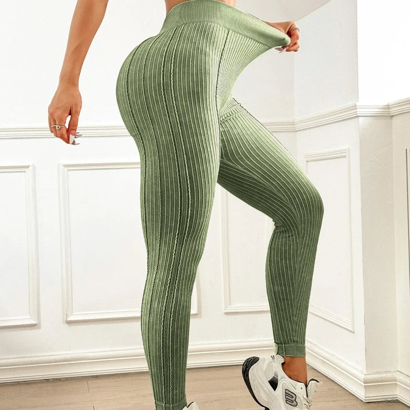 Women's High Waist Ribbed Workout Leggings with V Waistband