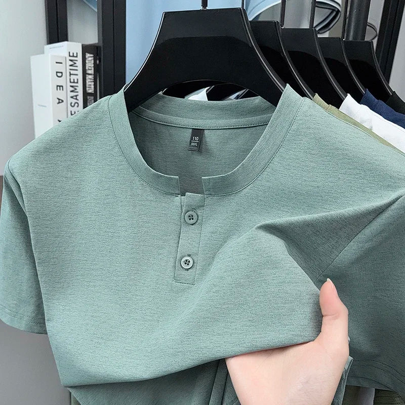 Men's Plain Henley Tee - Two-Button Placket, Soft Breathable Knit
