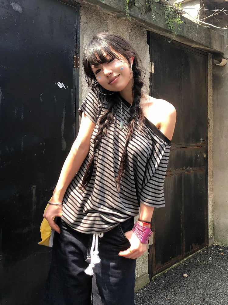 Tonngirls Y2K Striped Off-Shoulder Tee - Women's Grunge Streetwear Top