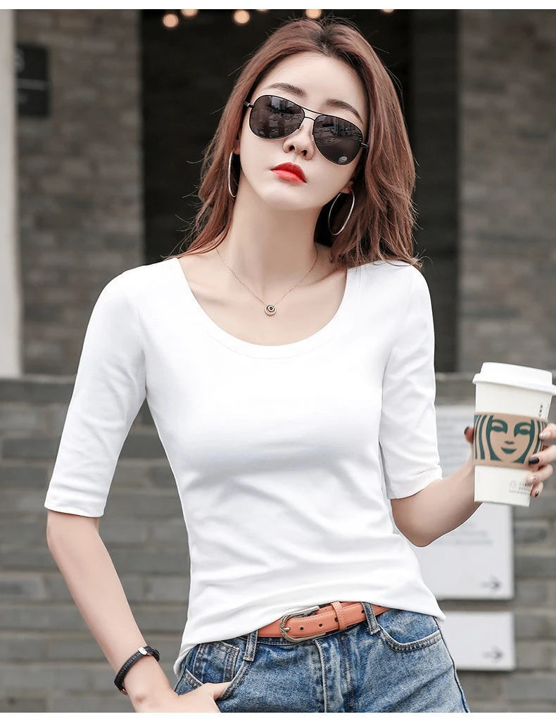 MRMT Women's White Mid-Sleeve Bottoming T-Shirt – Half Sleeve Tight O-Neck Top 2026