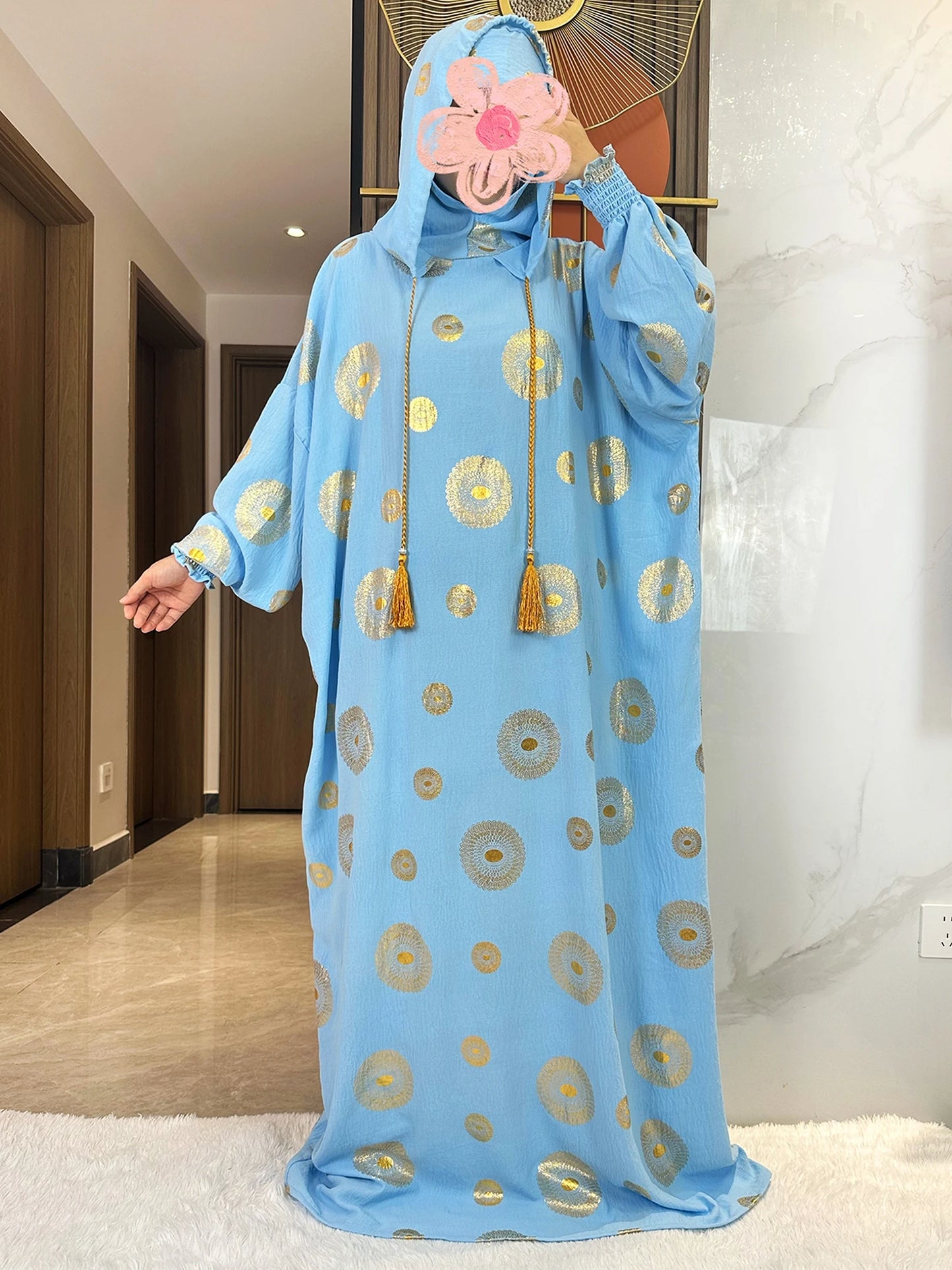 Women's Cotton Embroidered Abaya Kaftan – Gold Dust Shimmer, Loose Fit, All-Season Muslim Dress