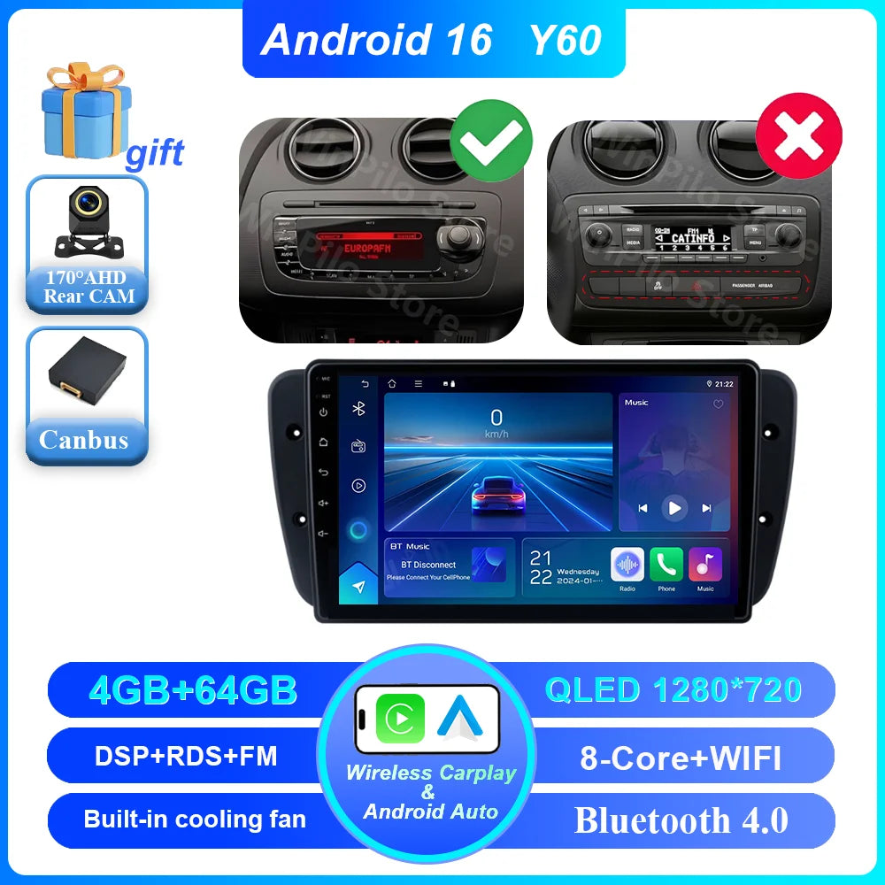 9" Android Car Stereo for Seat Ibiza MK4 6J (2008–2015) — CarPlay, Android Auto, GPS, 4G, WiFi