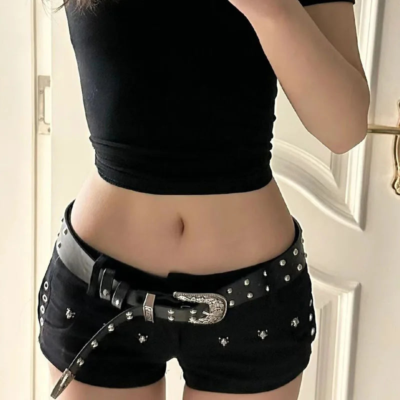 Women's Low-Waist Denim Shorts — Y2K Slim-Fit Black Jean Hot Pants
