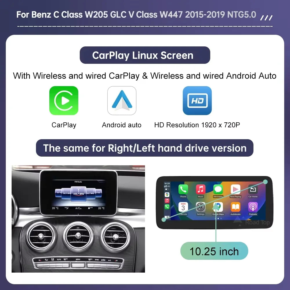 Linux Touchscreen for Mercedes-Benz W205 C/GLC/V-Class, GLA, CLA (2015–2019) — Wireless CarPlay, Android Auto, AirPlay