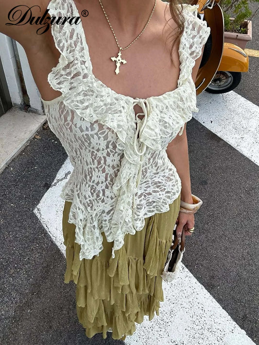 Dulzura 2026 Summer Fashion Sexy Off Shoulder Backless Lace See Through Top Ladies Casual Versatile Party Club Street Y2K Outfit