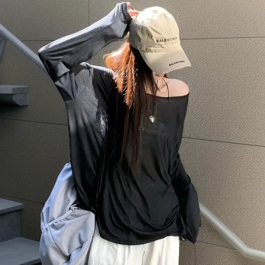 Sexy Sheer Baggy T-shirt for Women 2026 Summer Casual Fashion Loose Pullovers Chic Lazy Solid Color Off Shoulder Top Streetwear