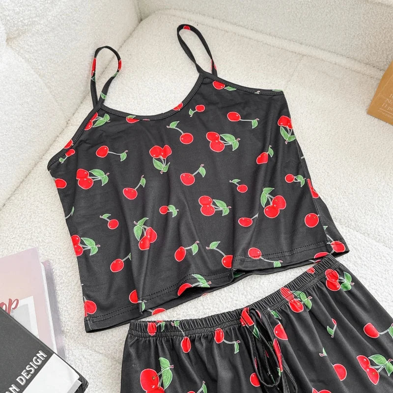 Women Casual Pajama Ladies Sexy Sleepwear Print Round Neck Ice Silk Top T-Shirt and Shorts Sets Breathable Comfortable Home Wear