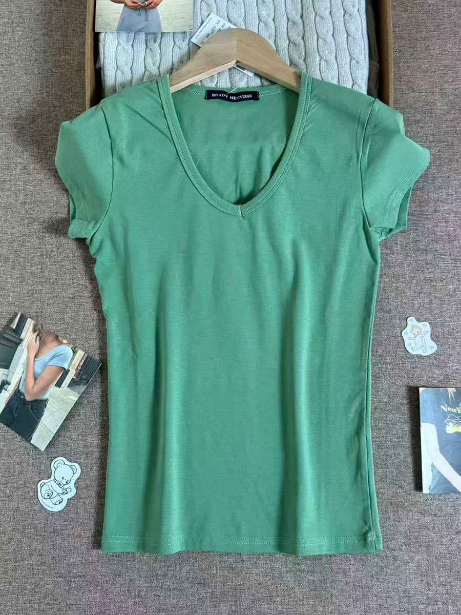 Camouflage Thin Short Sleeve T-shirt Women V-neck Cotton Slim All-match Tee Shirts Female Streetwear Vintage Y2k Tops Summer New