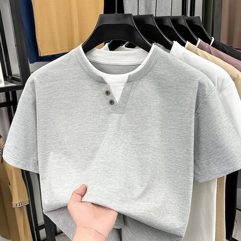 Men's Henley T-Shirt - Short Sleeve Button Detail, Layered Look