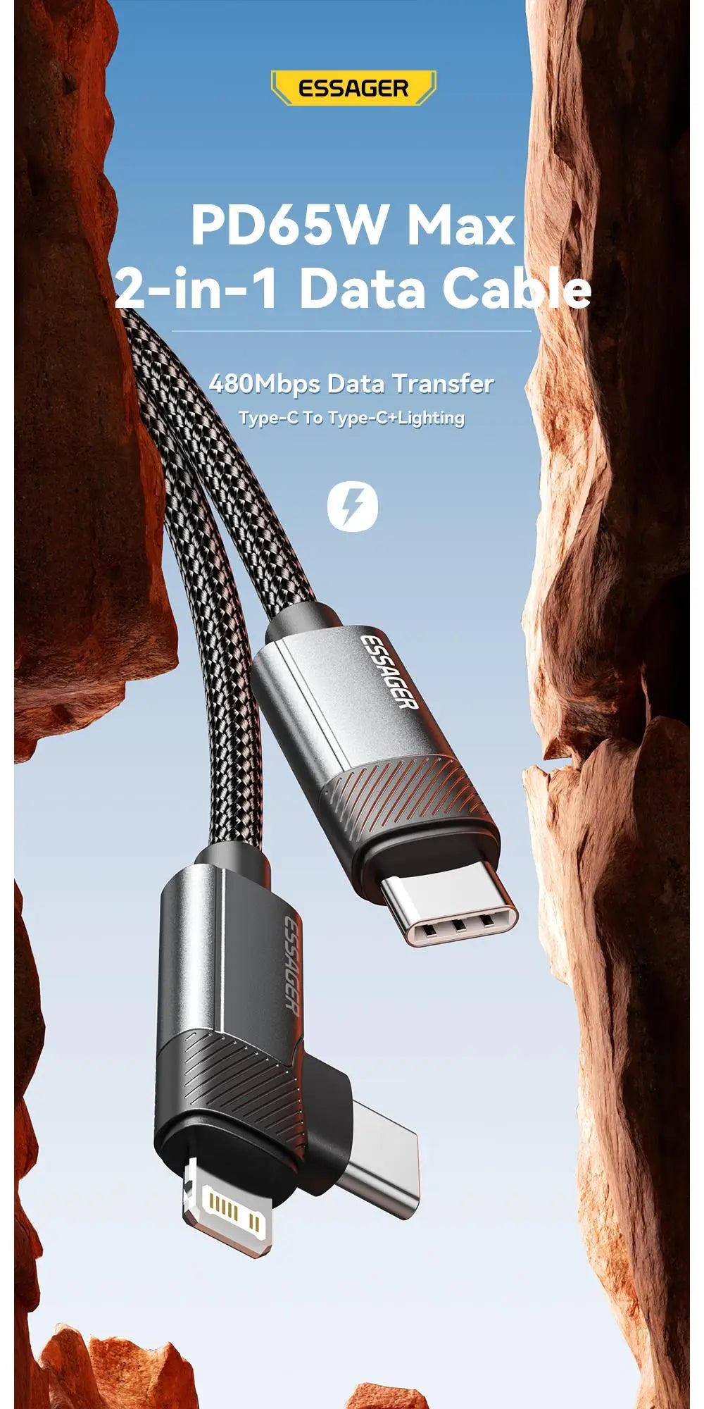 Essager 2-in-1 Right Angle Cable PD 65W 29W Fast Charging Elbow Data Cable For iPhone 15 14 13 MacBook Lenovo Asus Dell iPad Pro