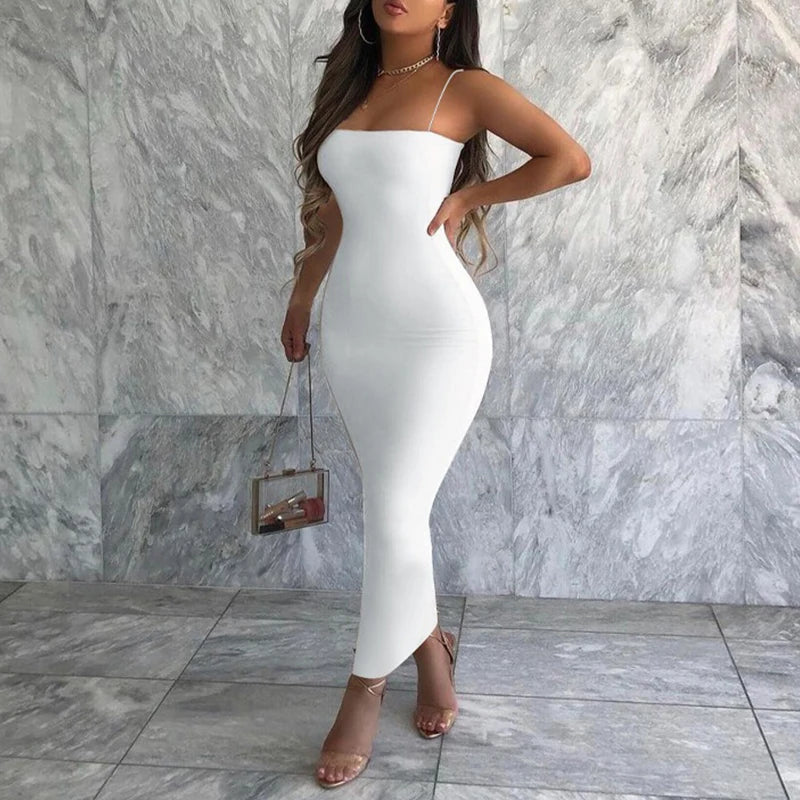 Summer New Strap Dresses Solid Sexy Women Streetwear Sheath Sleeveless Bodycon Dress Casual  Elegant Party Ankle-Length Dresses