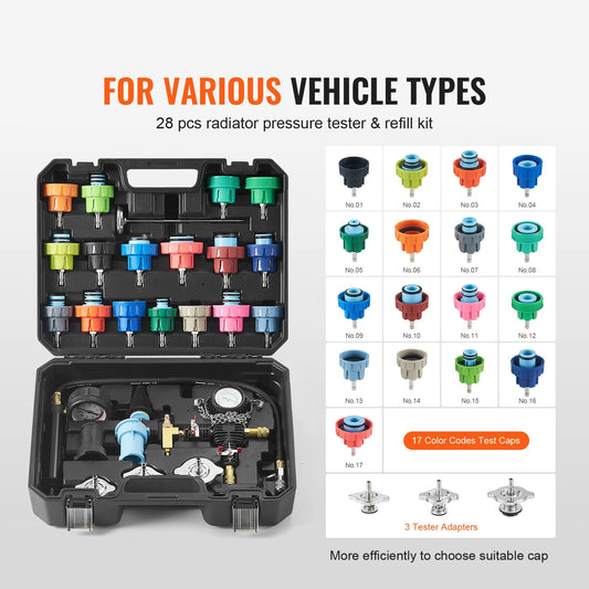 SucceBuy 28 Pcs Universal Radiator Pressure Tester Kit Manual Pump Color-coded Steel Test Cap Adapter Toolbox For Car Motorcycle