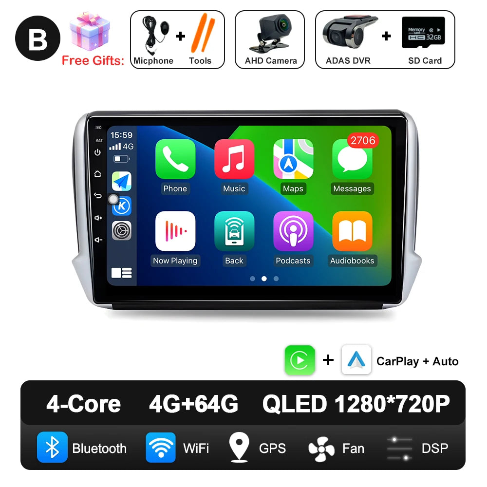 Car Stereo with Apple CarPlay & Android Auto, Compatible with Peugeot 2008 & 208 (2012-2018)