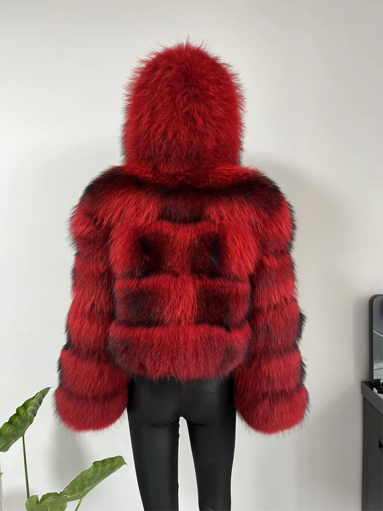Women's Hooded Raccoon Fur Coat, Turn-Down Collar