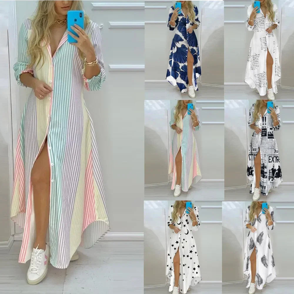 Women Lapel Collar Long Sleeve Leaf Print Button Front Split Maxi Shirt Dress Casual Daily Commuter Cover Up