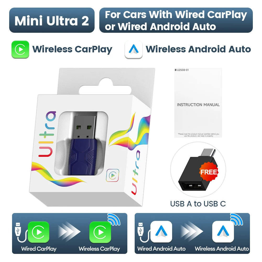 CarlinKit 5.0 Mini Ultra 2/3 Wireless Smart Box Wireless Android Auto CarPlay USB Adapter WiFi BLE Auto Connect Online Upgrade